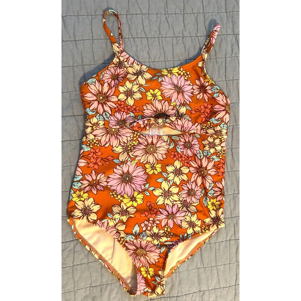 Cat & Jack Girl's Floral One Piece Cut Out Swimsuit Size Medium Burnt Orange